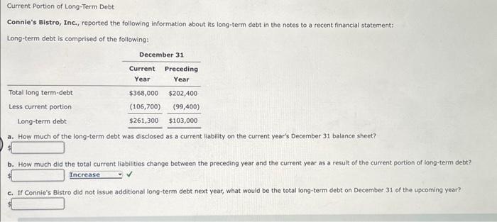 Solved Current Portion of Long-Term Debt Connie's Bistro, | Chegg.com