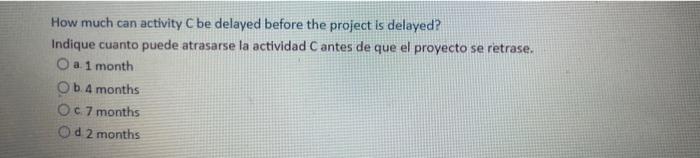 How much can activity C be delayed before the project is delayed? Indique cuanto puede atrasarse la actividad C antes de que