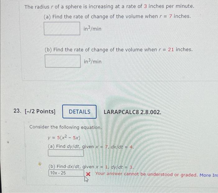 Solved The radius r of a sphere is increasing at a rate of 3 | Chegg.com