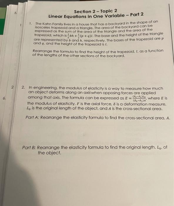 Solved 5. Section 2 - Topic 2 Linear Equations in One | Chegg.com
