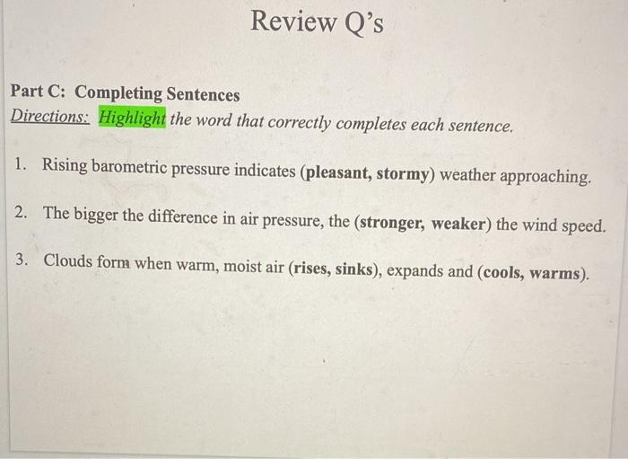 Solved Part A Comparing High and Low Pressure Directions