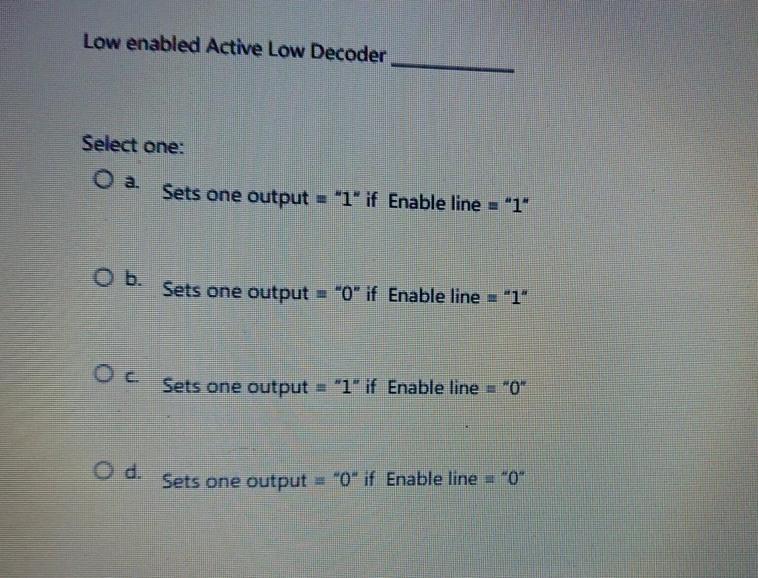 Solved Low enabled Active Low Decoder Select one: C Sets one | Chegg.com