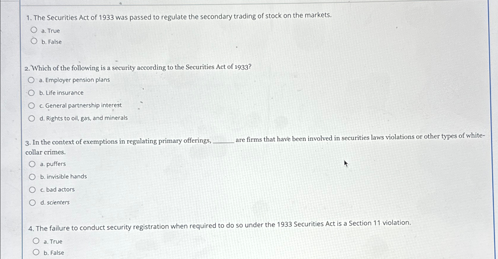 Solved The Securities Act of 1933 ﻿was passed to regulate | Chegg.com