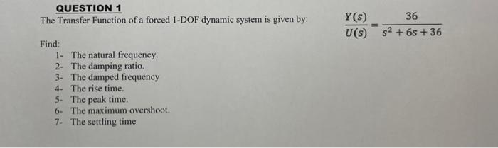 Solved QUESTION 1 The Transfer Function of a forced 1-DOF | Chegg.com