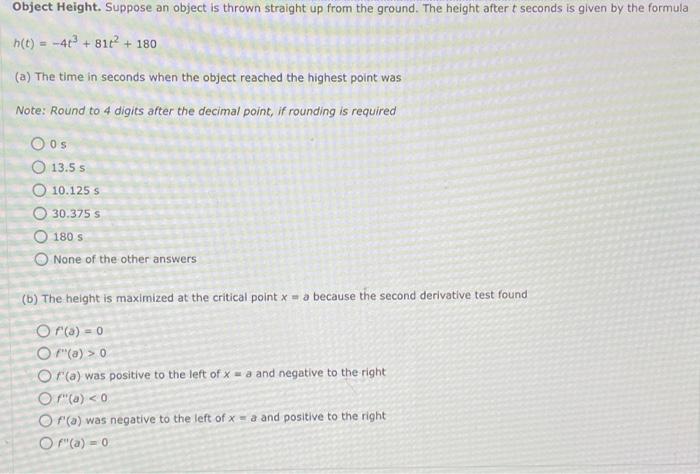 Solved Object Height. Suppose an object is thrown straight | Chegg.com