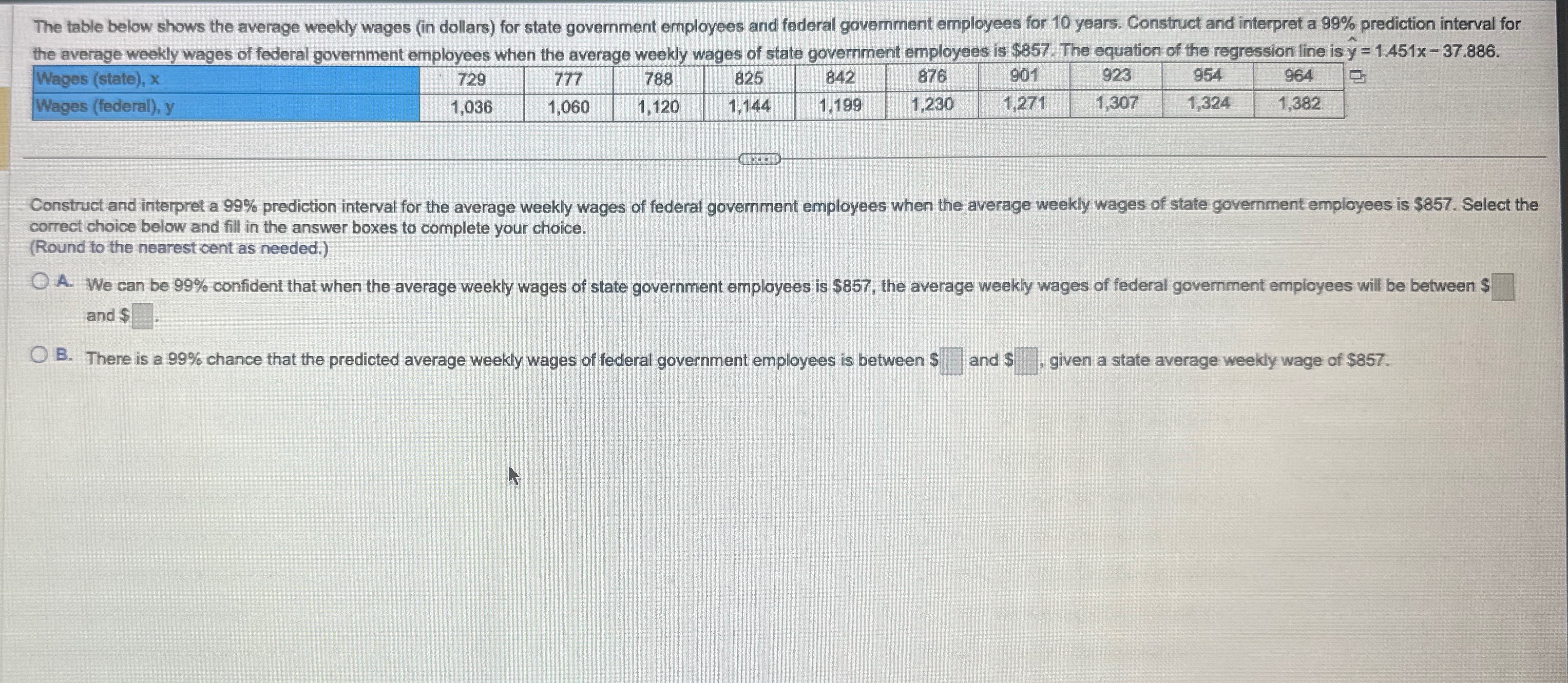 Solved The table below shows the average weekly wages (in | Chegg.com
