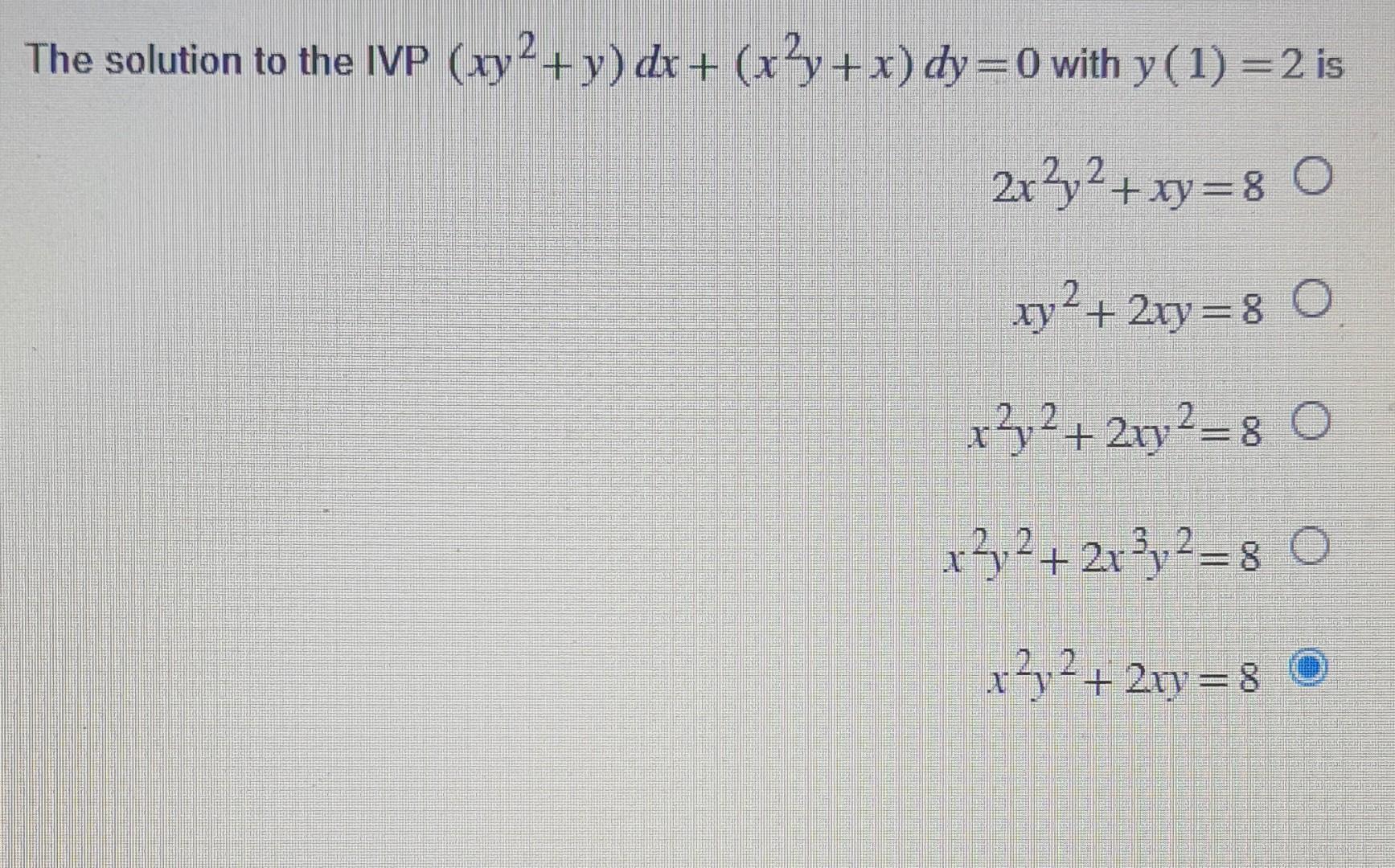 Solved The solution to the IVP (xy2+y)dx+(x2y+x)dy=0 with | Chegg.com