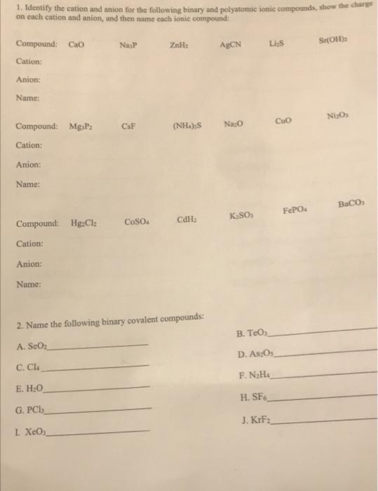 Solved 1. Identify the cation and anion for the following | Chegg.com