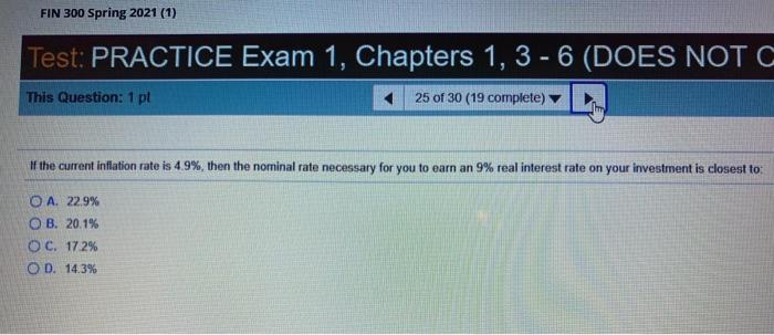 Solved FIN 300 Spring 2021 (1) Test: PRACTICE Exam 1, | Chegg.com