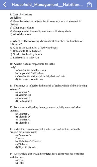 Household_Management_Nutrition... 8. Identify cleaning guidelines. a) Clean from top to bottom, far to near, dry to wet, clea