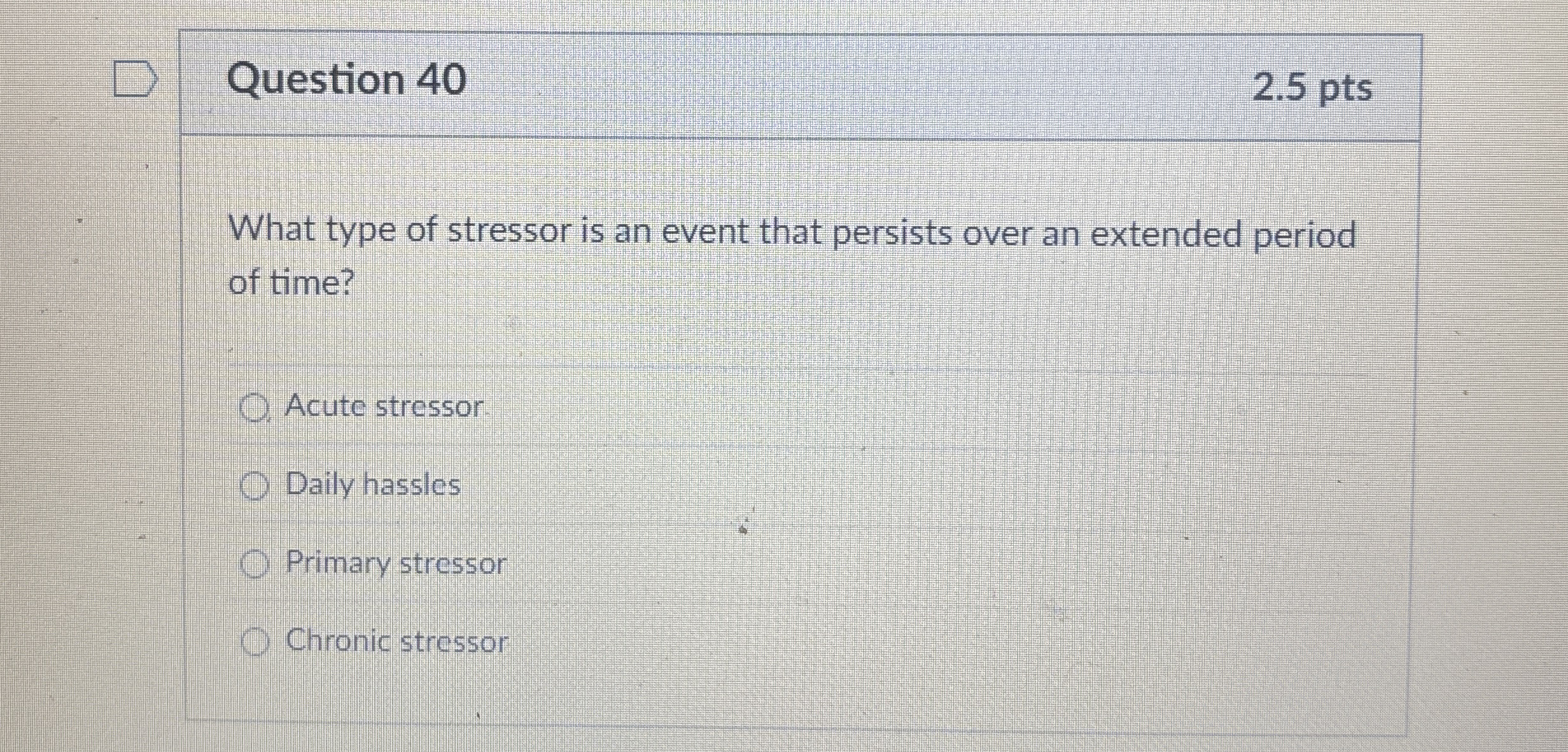 Solved Question 402.5 ﻿ptsWhat type of stressor is an event | Chegg.com