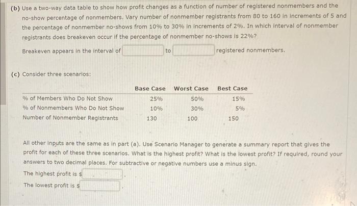 (b) Use a two-way data table to show how profit changes as a function of number of registered nonmembers and the no-show perc