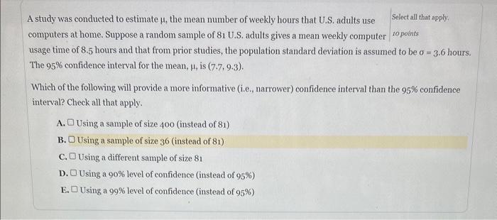 Solved A study was conducted to estimate μ, the mean number | Chegg.com