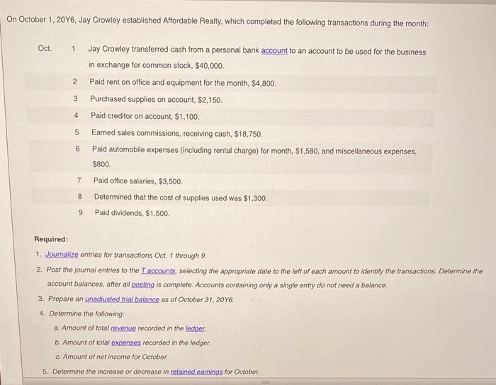 Solved October 1, 20Y6, Jay Crowley established Affordable