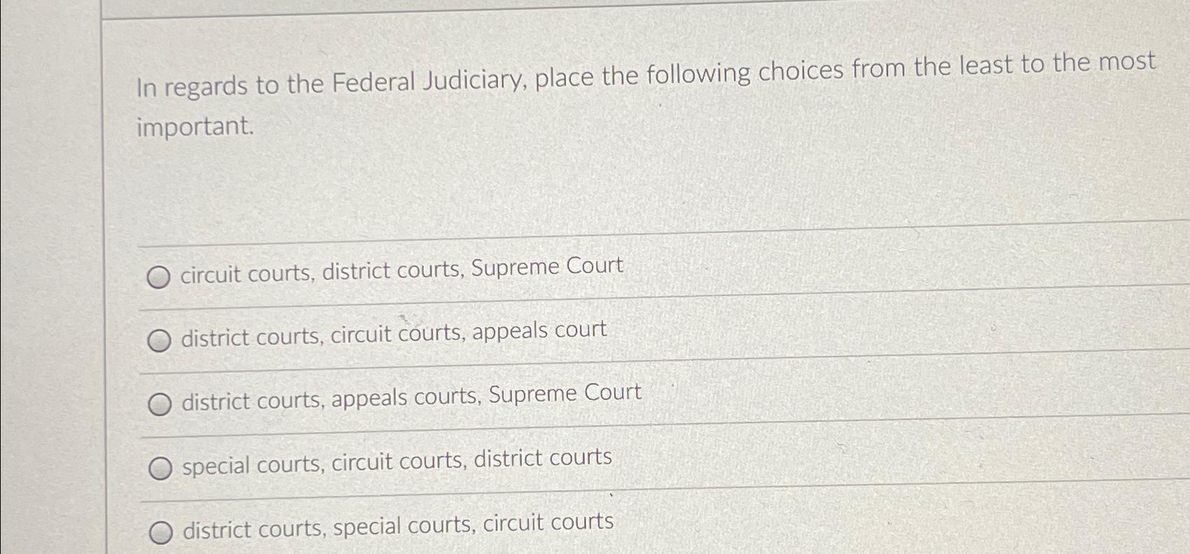 Solved In regards to the Federal Judiciary, place the