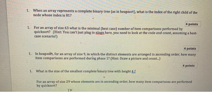 Solved 1. When an array represents a complete binary tree | Chegg.com