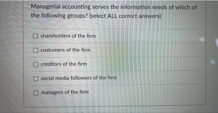 Solved Managerial accounting serves the information needs of | Chegg.com