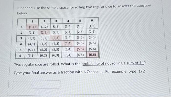 Solved If needed, use the sample space for rolling two | Chegg.com