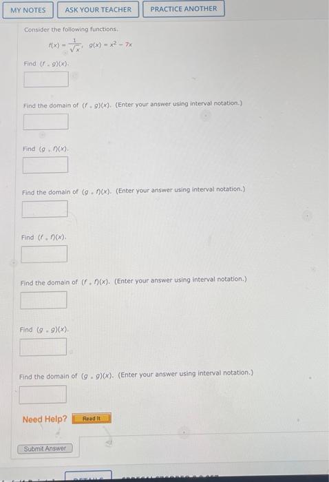 Solved Consider The Following Functions F X X1 G X X2−7x