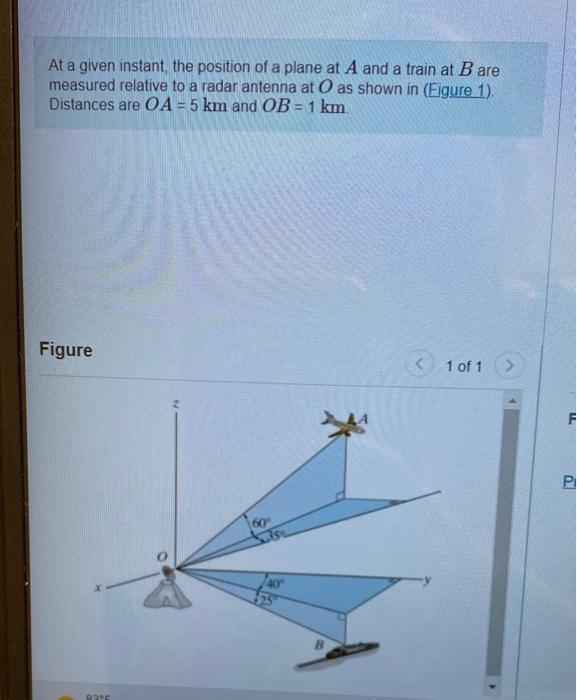 At a given instant, the position of a plane at \( A \) and a train at \( B \) are measured relative to a radar antenna at \( 