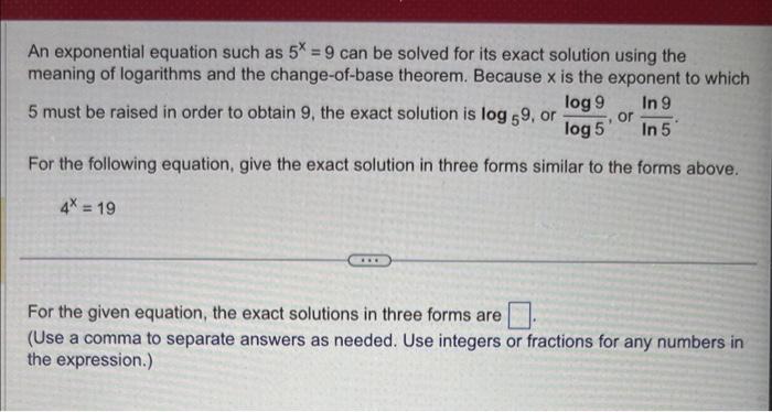 Solved An exponential equation such as 5x=9 can be solved | Chegg.com