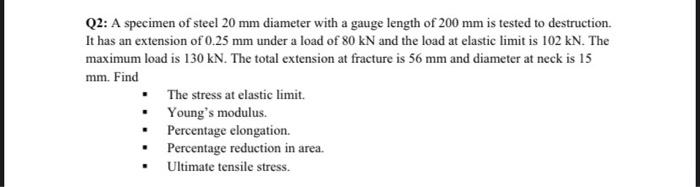 Solved Q2: A specimen of steel 20 mm diameter with a gauge | Chegg.com