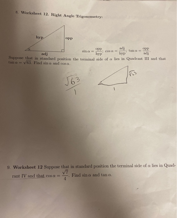 Solved 8. Worksheet 12. Right Angle Trigonometry: hyp opp | Chegg.com