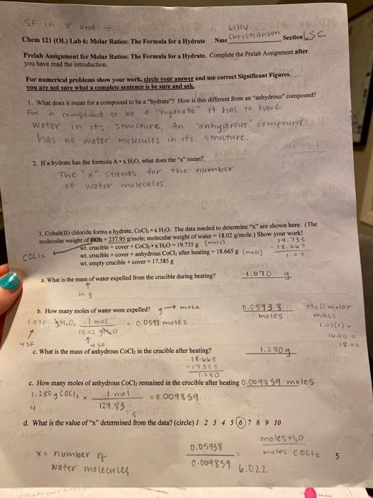 Solved Chem 121 (OL) Lab 6 Molar Ratios The Formula for a
