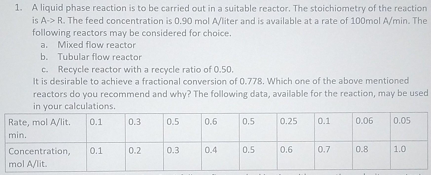 Solved 1. A liquid phase reaction is to be carried out in a | Chegg.com