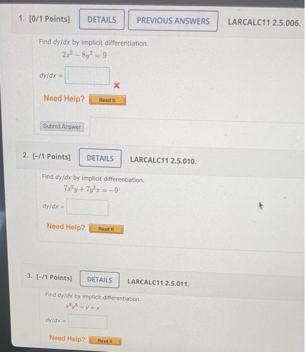 Solved PREVIOUS ANSWERS Read It DETAILS LARCALC11 2.5.010. | Chegg.com