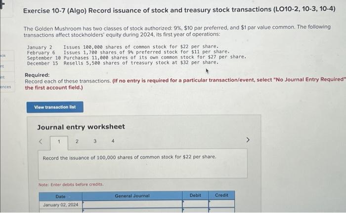 Solved Exercise 10-7 (Algo) Record Issuance Of Stock And | Chegg.com