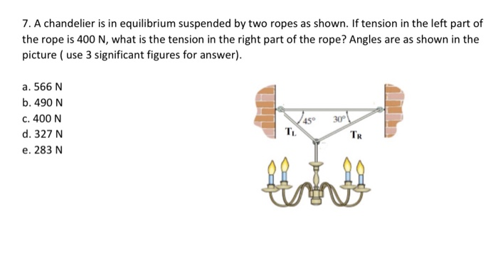 Solved 7. A chandelier is in equilibrium suspended by two | Chegg.com
