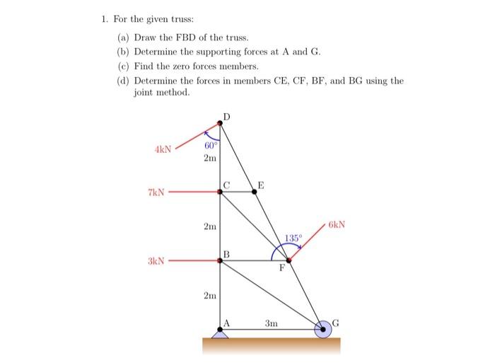 Solved 1. For the given truss: (a) Draw the FBD of the | Chegg.com