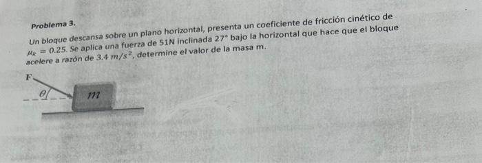 Problema 3. Un bloque descansa sobre un plano horizontal, presenta un coeficiente de fricción cinético de \( \mu_{k}=0.25 \).