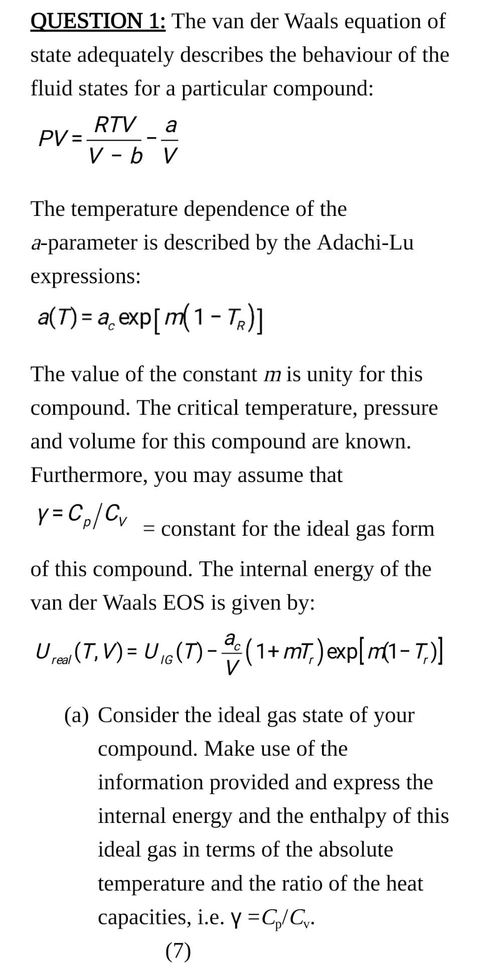 Solved QUESTION 1: The van der Waals equation of state | Chegg.com
