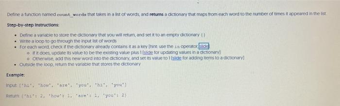 Solved Define a function named count_words that takes in a | Chegg.com