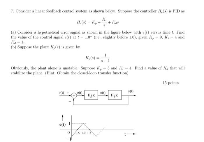 Solved 7. Consider a linear feedback control system as shown | Chegg.com