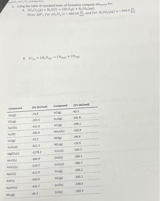 Solved Using the table of standard heats of formation