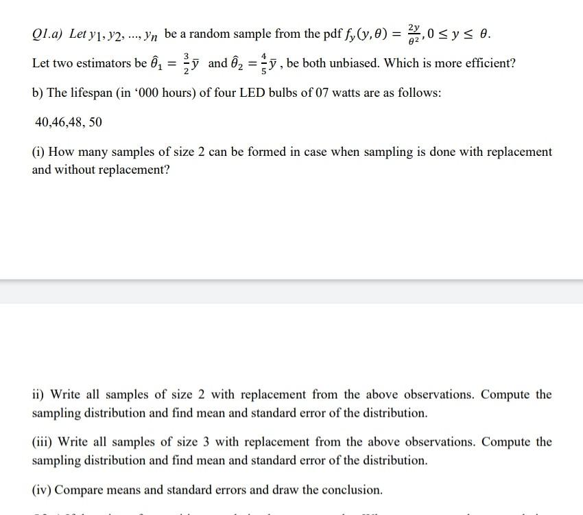 Q1 A Let Yi Y2 Yn Be A Random Sample From The Chegg Com