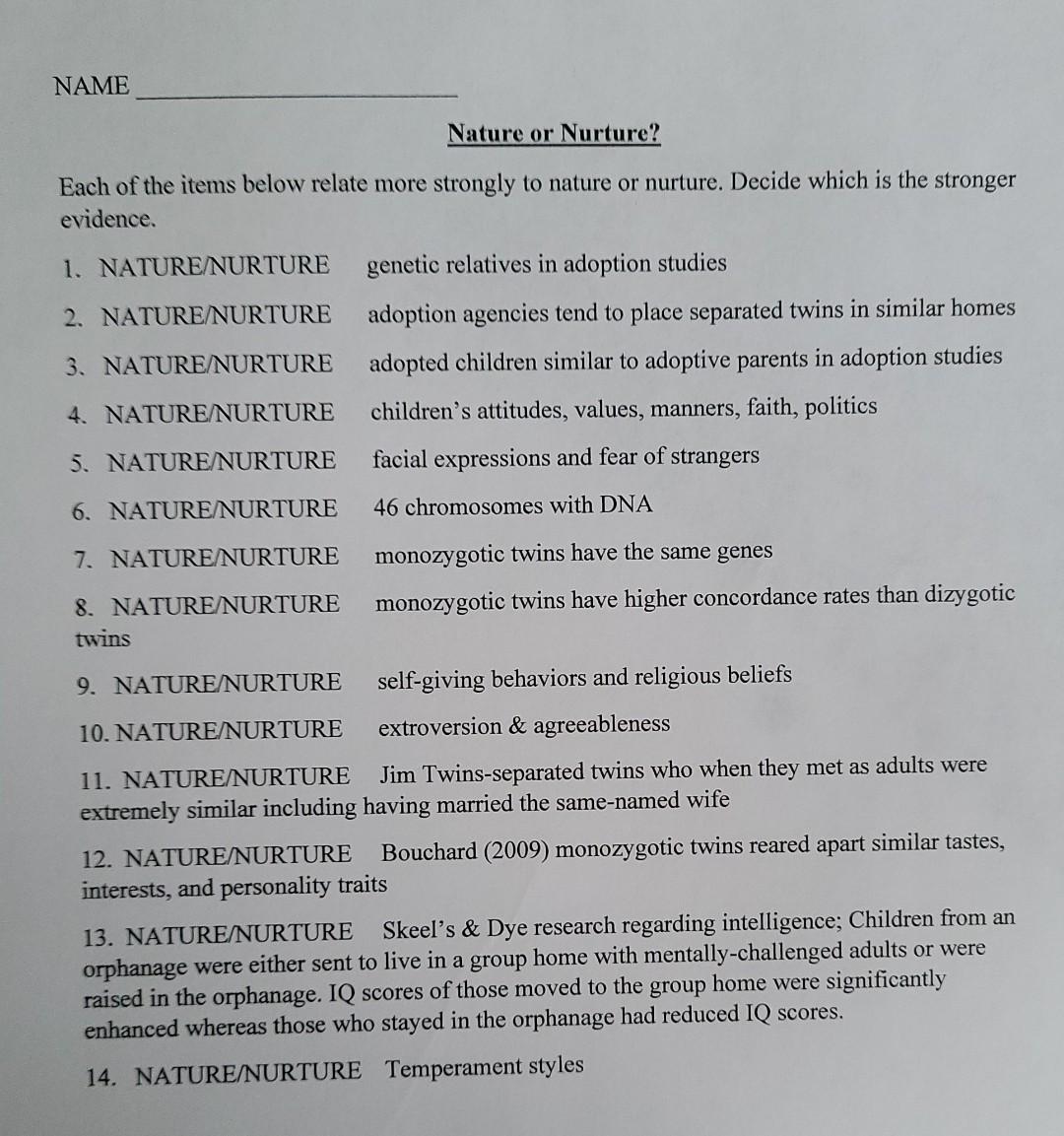 Solved NAME Nature Or Nurture? Each Of The Items Below | Chegg.com