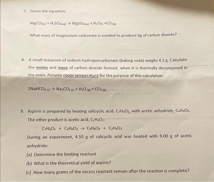 Solved 7. Given the equation: MgCO3(-) + H2SO4(aq) → | Chegg.com
