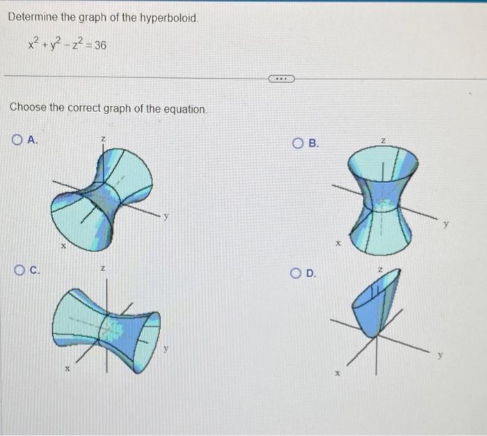 Solved Determine the graph of the hyperboloid. x2+y2−z2=36