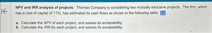 NPV and IRR analysis of projects Thomas Company is | Chegg.com