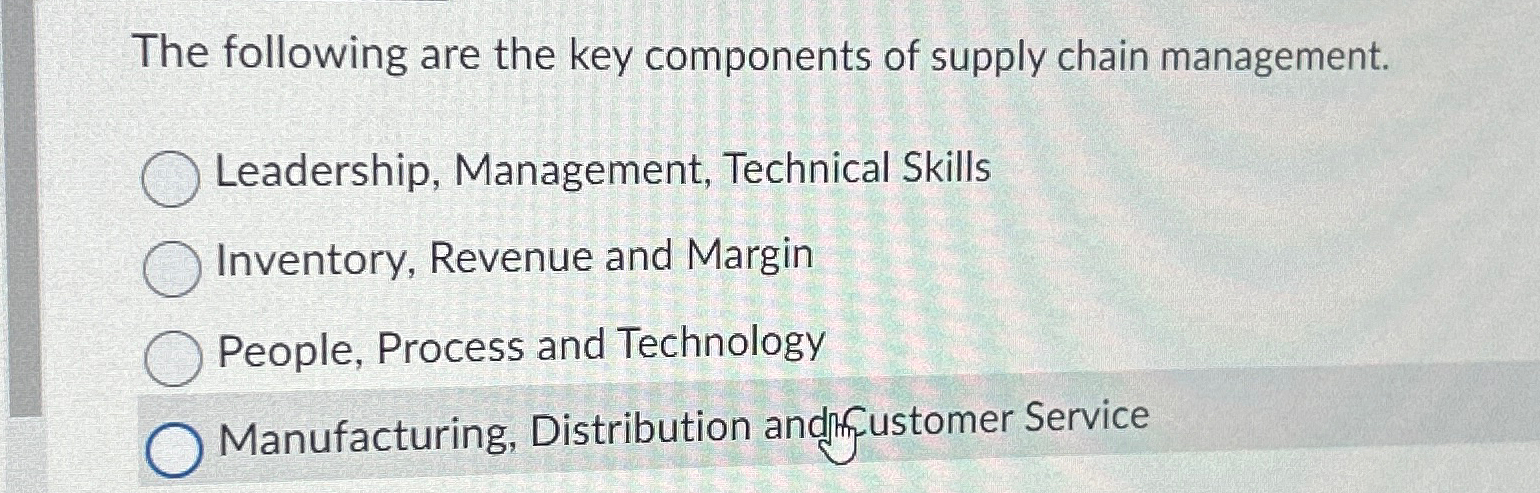 Solved The Following Are The Key Components Of Supply Chain | Chegg.com