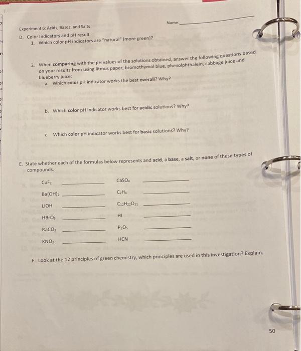 Solved Report for Experiment 6. Acids, Bases, and Salts A.