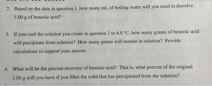 Solved 1. Benzoic acid has the following solubility in water | Chegg.com