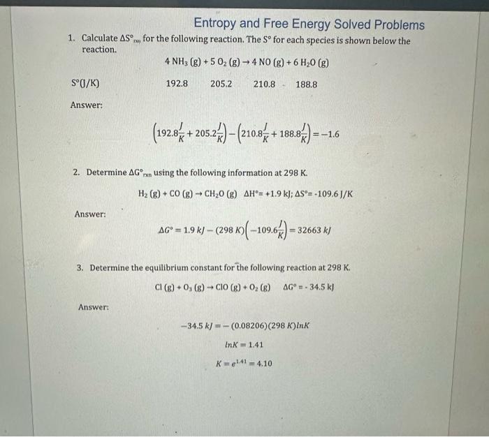 Solved Entropy And Free Energy Solved Problems 1. Calculate | Chegg.com