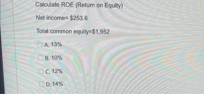 Solved Calculate ROE (Return On Equity) Net Income= $253.6 | Chegg.com