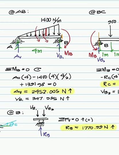 @AB:
4m
MB
Av
VB?
MB=0C
Av (4) - 1400 (4) (4/?)
+1391 98 O
E
A = 2452.005 N 1
YB. = 347.595 N ?
VB?
1400 N/m
R?3
@BC
980
B
Ms