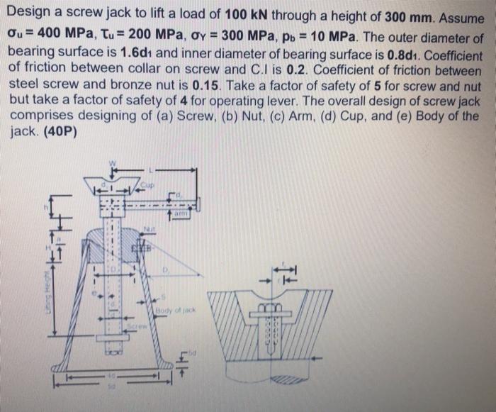 Solved Design a screw jack to lift a load of 100 kN through